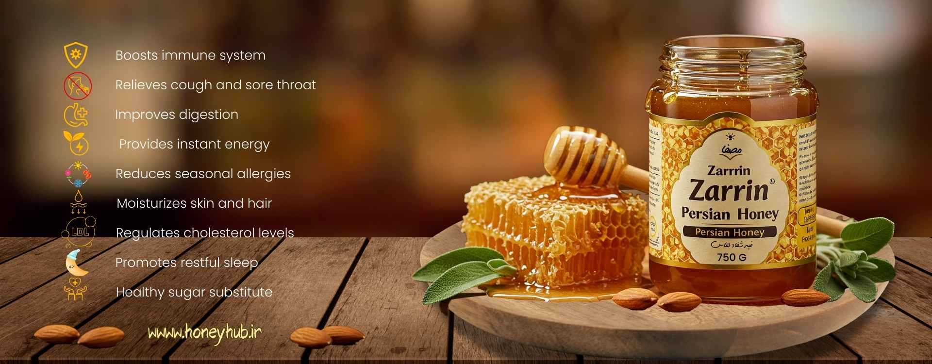 honey jar and honeycomb on wooden table and infographic of honey